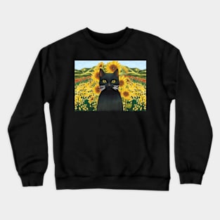 Black cat in a sunflower garden Crewneck Sweatshirt